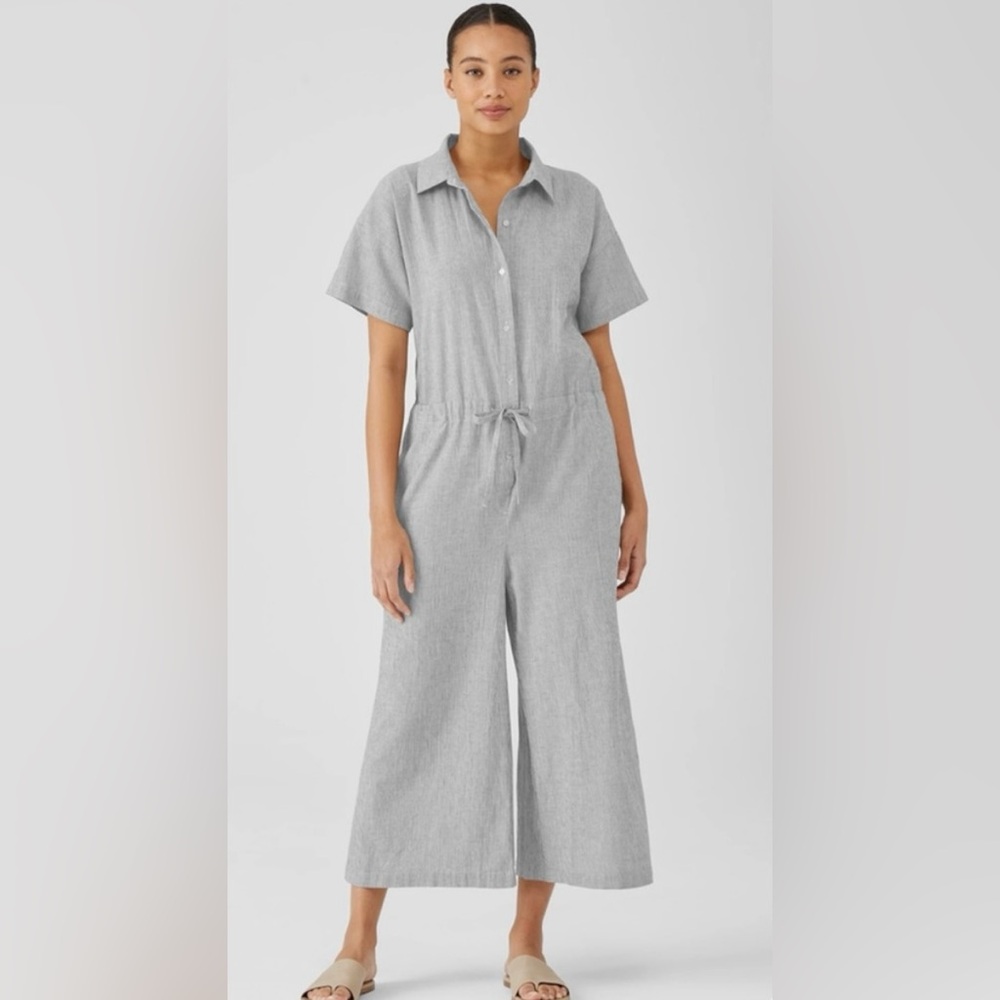 Eileen Fisher Organic Cotton Linen Ticking Stripe Jumpsuit S P Black Natural